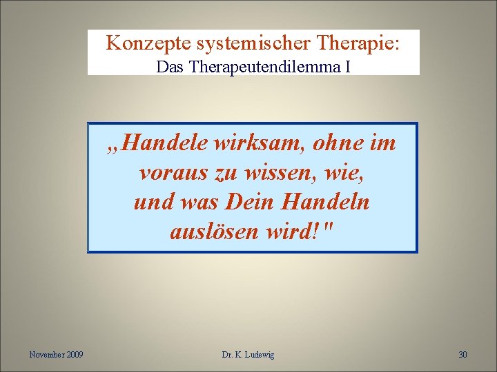 Konzepte systemischer Therapie: Das Therapeutendilemma I „Handele wirksam, ohne im voraus zu wissen, wie,