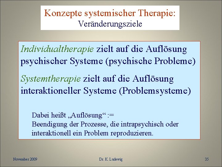 Konzepte systemischer Therapie: Veränderungsziele Individualtherapie zielt auf die Auflösung psychischer Systeme (psychische Probleme) Systemtherapie