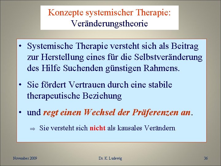 Konzepte systemischer Therapie: Veränderungstheorie • Systemische Therapie versteht sich als Beitrag zur Herstellung eines