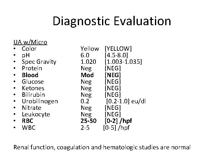 Diagnostic Evaluation UA w/Micro • Color • p. H • Spec Gravity • Protein