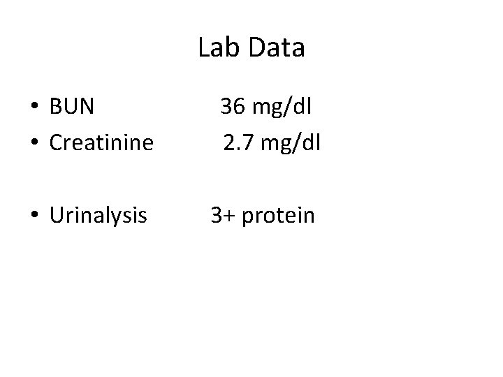 Lab Data • BUN • Creatinine 36 mg/dl 2. 7 mg/dl • Urinalysis 3+