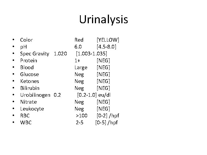 Urinalysis • • • • Color p. H Spec Gravity 1. 020 Protein Blood