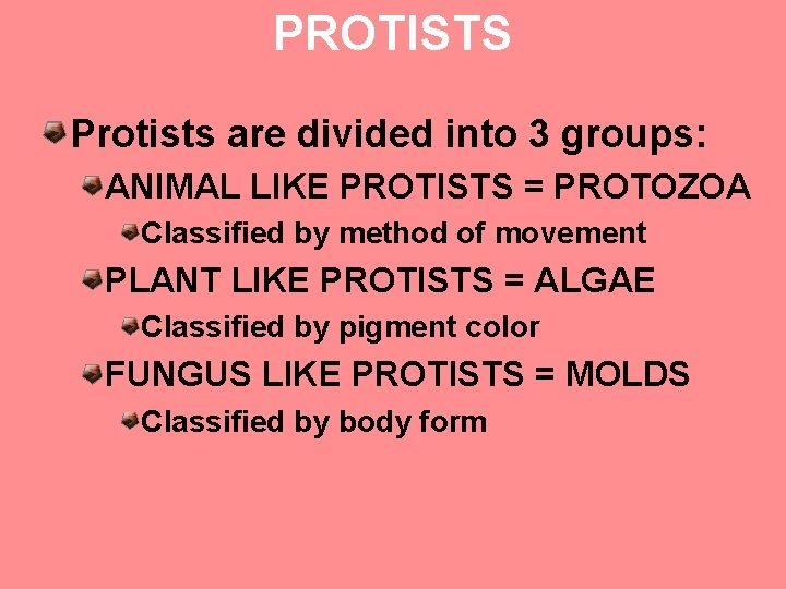 PROTISTS Protists are divided into 3 groups: ANIMAL LIKE PROTISTS = PROTOZOA Classified by