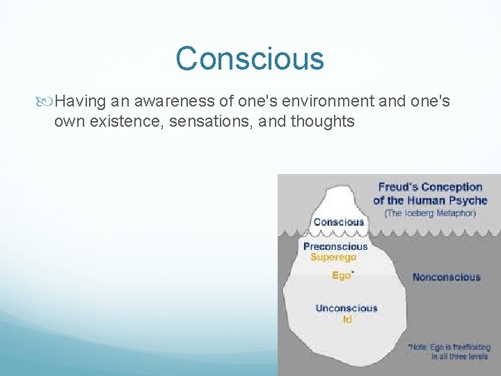 Conscious Having an awareness of one's environment and one's own existence, sensations, and thoughts