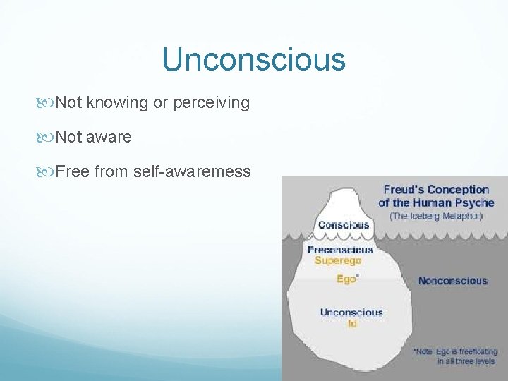Unconscious Not knowing or perceiving Not aware Free from self-awaremess 