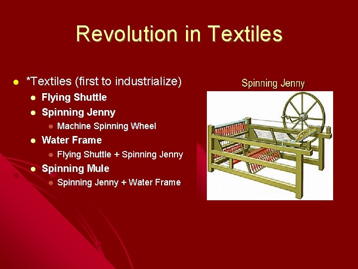 Revolution in Textiles *Textiles (first to industrialize) Flying Shuttle Spinning Jenny Water Frame Machine