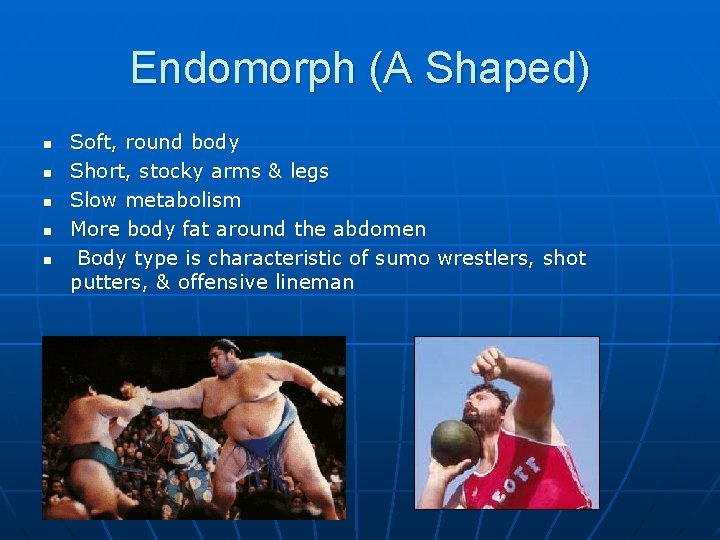 Endomorph (A Shaped) n n n Soft, round body Short, stocky arms & legs