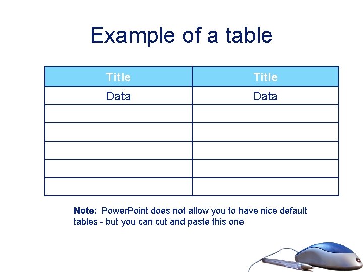 Example of a table Title Data Note: Power. Point does not allow you to