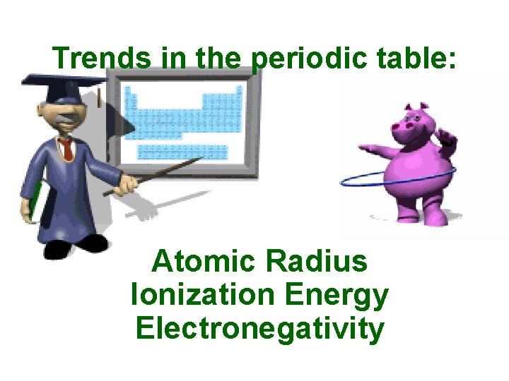 Trends in the periodic table: Atomic Radius Ionization Energy Electronegativity 