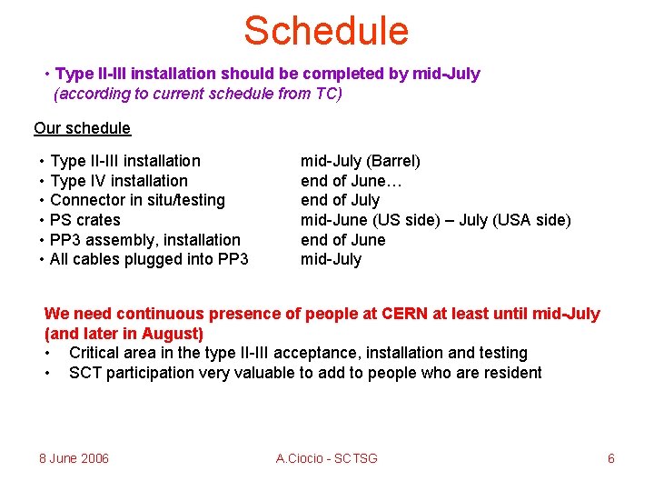Schedule • Type II-III installation should be completed by mid-July (according to current schedule