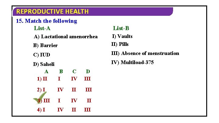 REPRODUCTIVE HEALTH 15. Match the following List-A List-B B) Barrier I) Vaults II) Pills