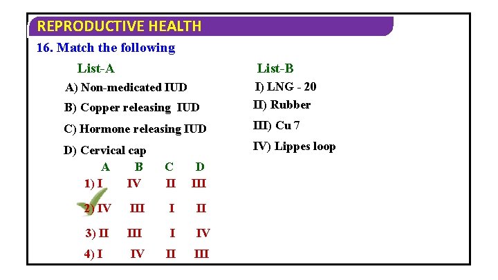 REPRODUCTIVE HEALTH 16. Match the following List-A List-B B) Copper releasing IUD I) LNG