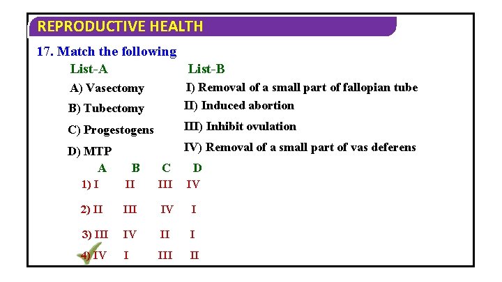 REPRODUCTIVE HEALTH 17. Match the following List-B List-A B) Tubectomy I) Removal of a