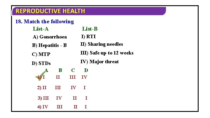 REPRODUCTIVE HEALTH 18. Match the following List-A List-B B) Hepatitis - B I) RTI