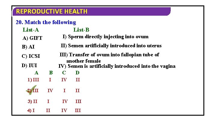 REPRODUCTIVE HEALTH 20. Match the following List-B List-A I) Sperm directly injecting into ovum