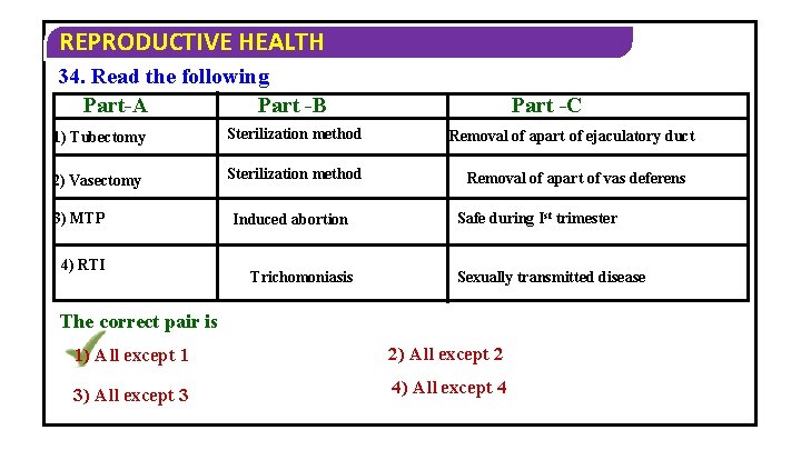 REPRODUCTIVE HEALTH 34. Read the following Part -B Part-A Part -C 1) Tubectomy Sterilization