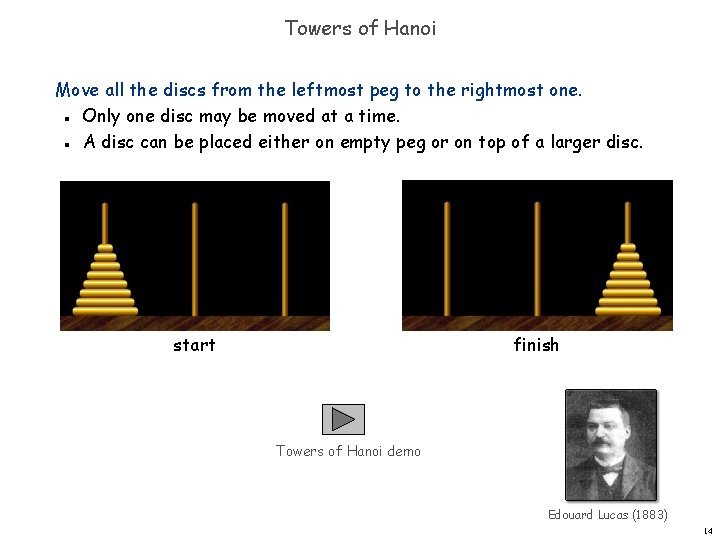 Towers of Hanoi Move all the discs from the leftmost peg to the rightmost