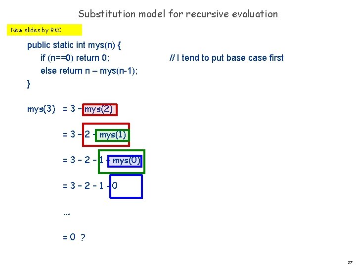 Substitution model for recursive evaluation New slides by RKC public static int mys(n) {