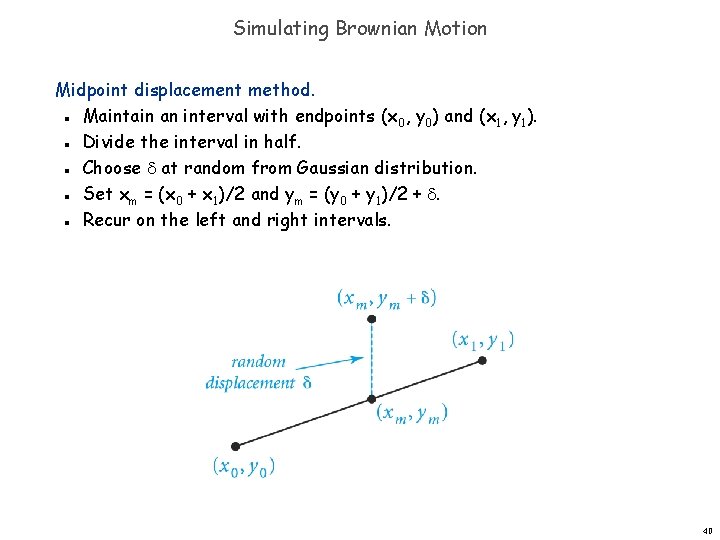 Simulating Brownian Motion Midpoint displacement method. Maintain an interval with endpoints (x 0, y