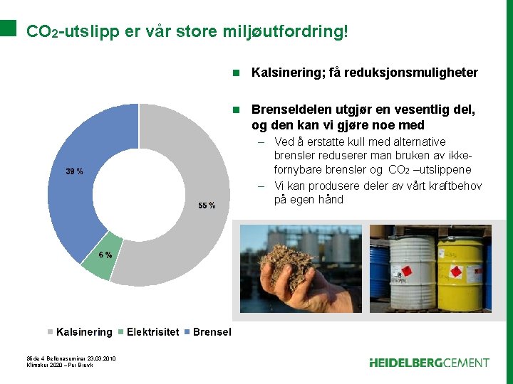 CO 2 -utslipp er vår store miljøutfordring! n Kalsinering; få reduksjonsmuligheter n Brenseldelen utgjør