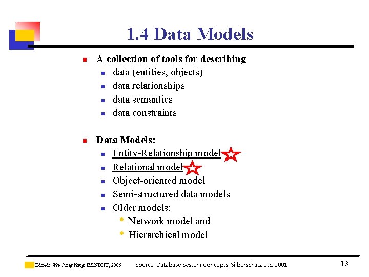 1. 4 Data Models n n A collection of tools for describing n data