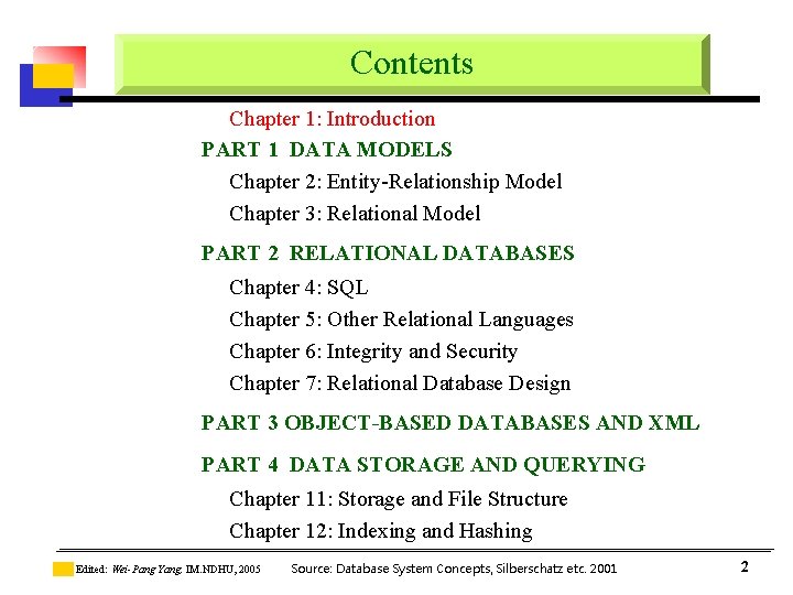 Contents Chapter 1: Introduction PART 1 DATA MODELS Chapter 2: Entity-Relationship Model Chapter 3: