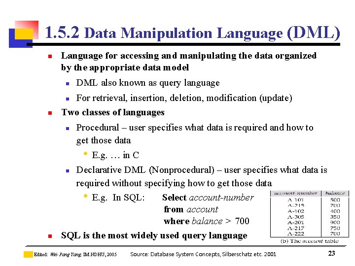 1. 5. 2 Data Manipulation Language (DML) n Language for accessing and manipulating the