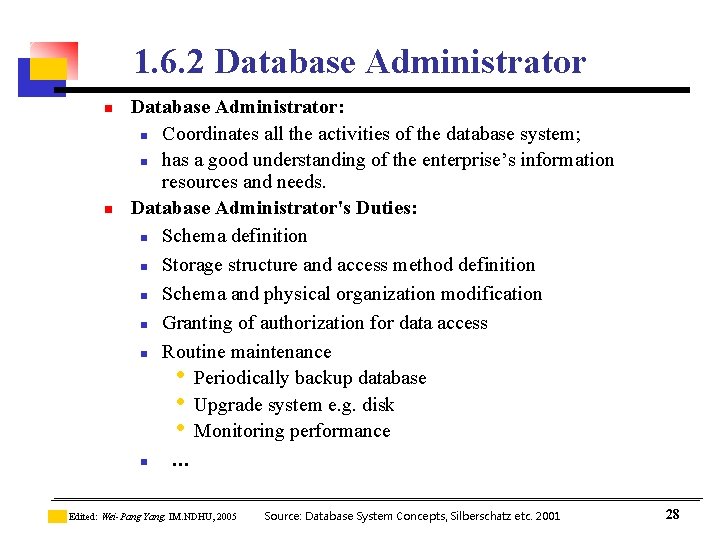 1. 6. 2 Database Administrator n n Database Administrator: n Coordinates all the activities