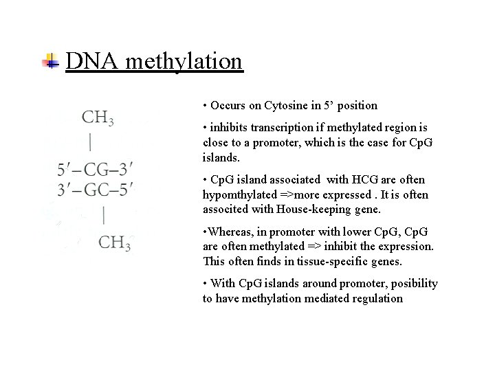 DNA methylation • Occurs on Cytosine in 5’ position • inhibits transcription if methylated