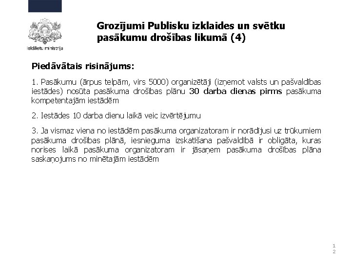 Grozījumi Publisku izklaides un svētku pasākumu drošības likumā (4) Piedāvātais risinājums: 1. Pasākumu (ārpus