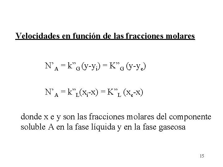 Velocidades en función de las fracciones molares N’A = k”G (y-yi) = K”G (y-ye)