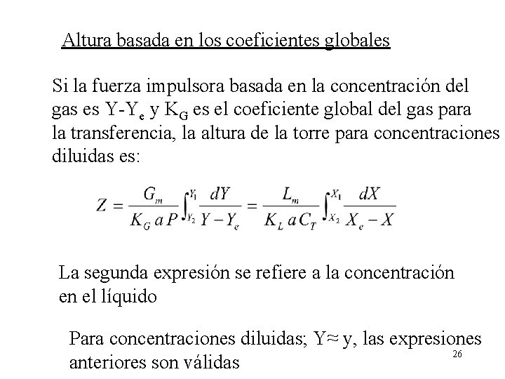 Altura basada en los coeficientes globales Si la fuerza impulsora basada en la concentración