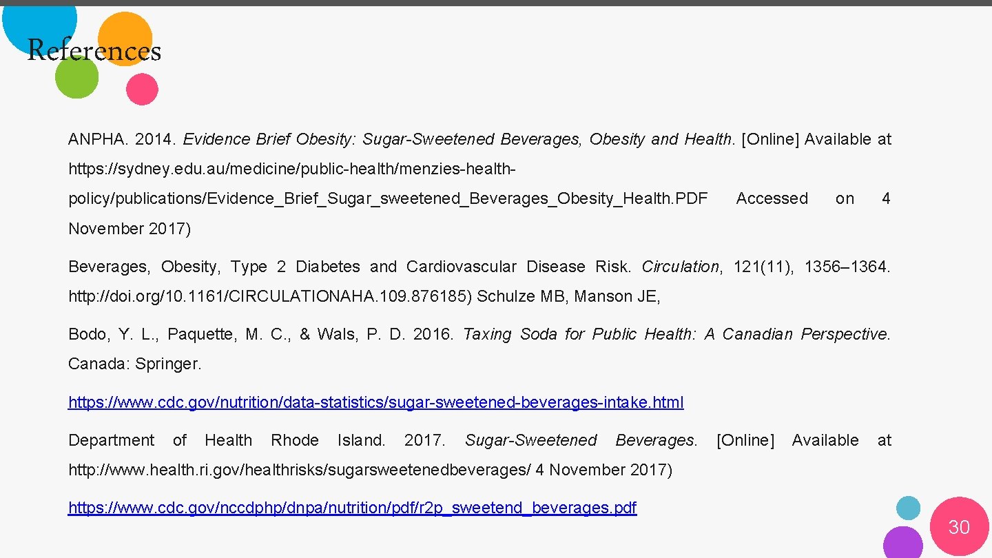 References ANPHA. 2014. Evidence Brief Obesity: Sugar-Sweetened Beverages, Obesity and Health. [Online] Available at
