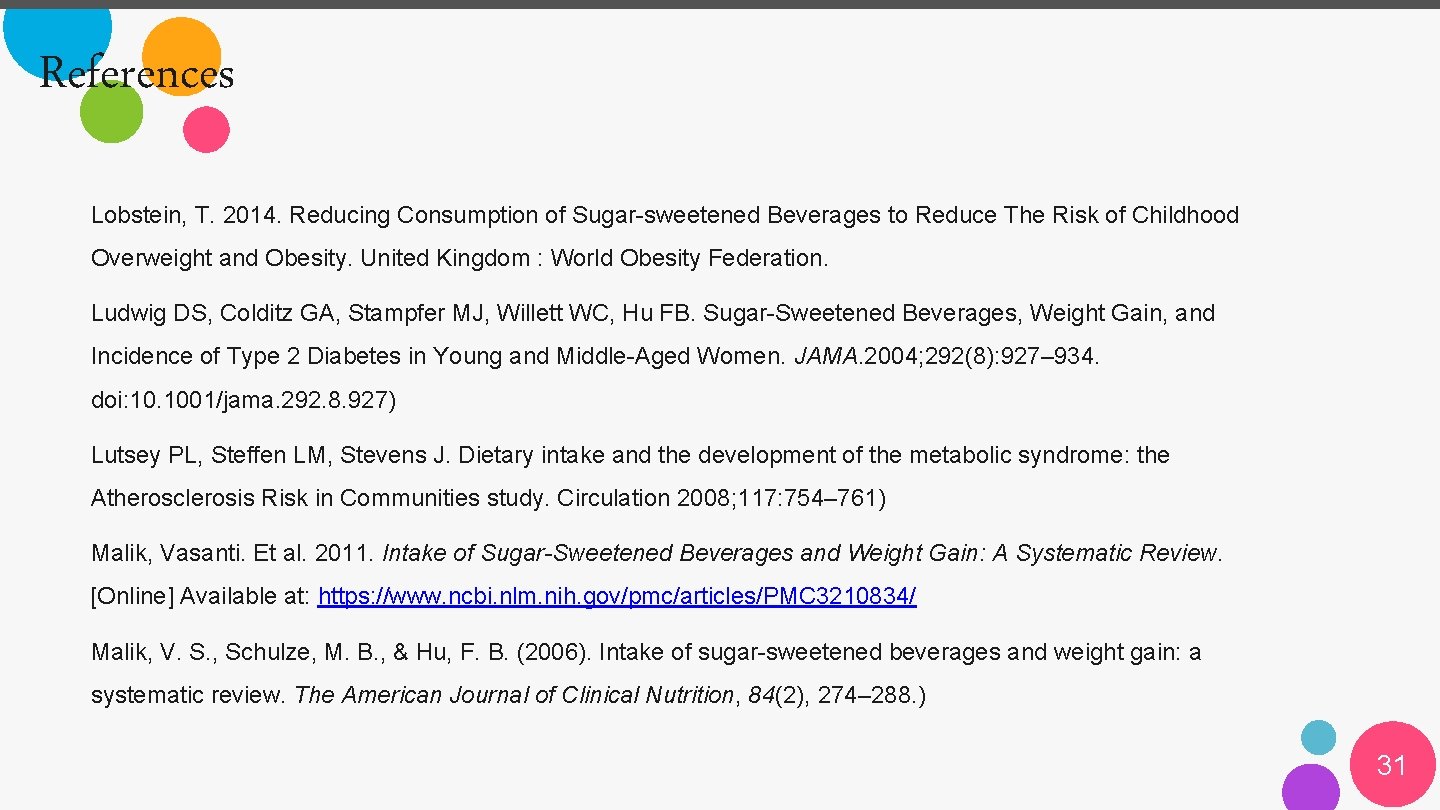 References Lobstein, T. 2014. Reducing Consumption of Sugar-sweetened Beverages to Reduce The Risk of