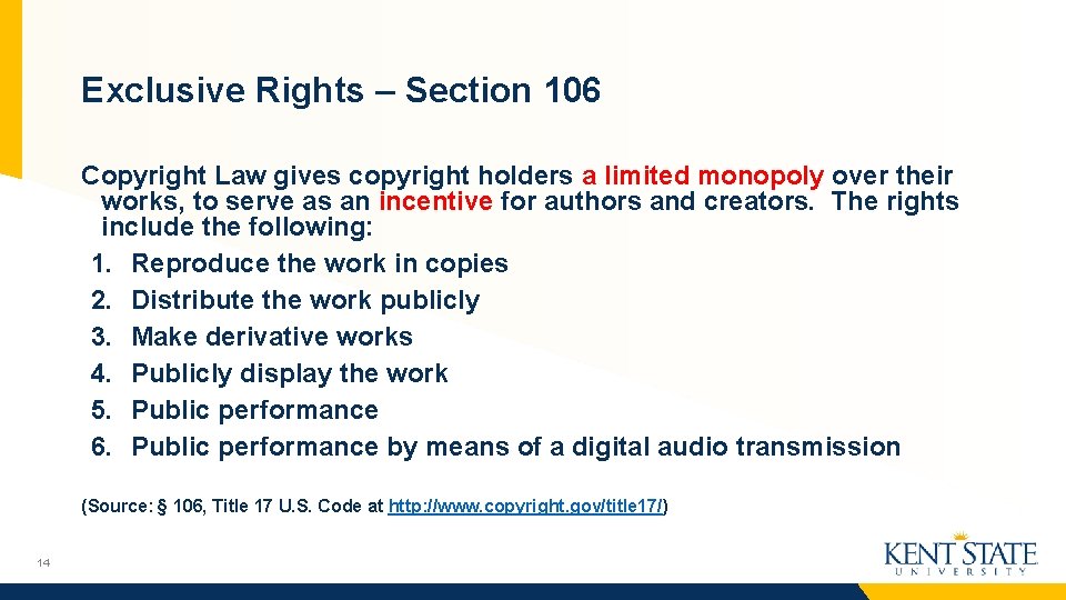 Exclusive Rights – Section 106 Copyright Law gives copyright holders a limited monopoly over