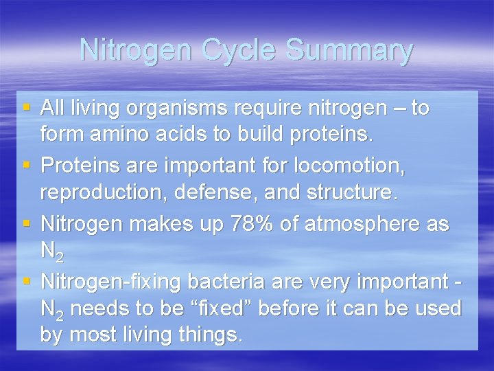 Nitrogen Cycle Summary § All living organisms require nitrogen – to form amino acids