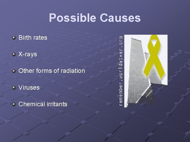 Possible Causes Birth rates X-rays Other forms of radiation Viruses Chemical irritants 