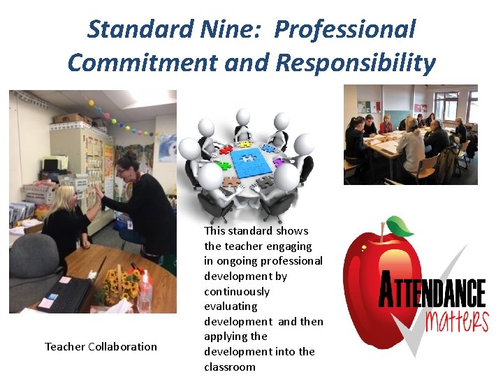 Standard Nine: Professional Commitment and Responsibility Teacher Collaboration This standard shows the teacher engaging
