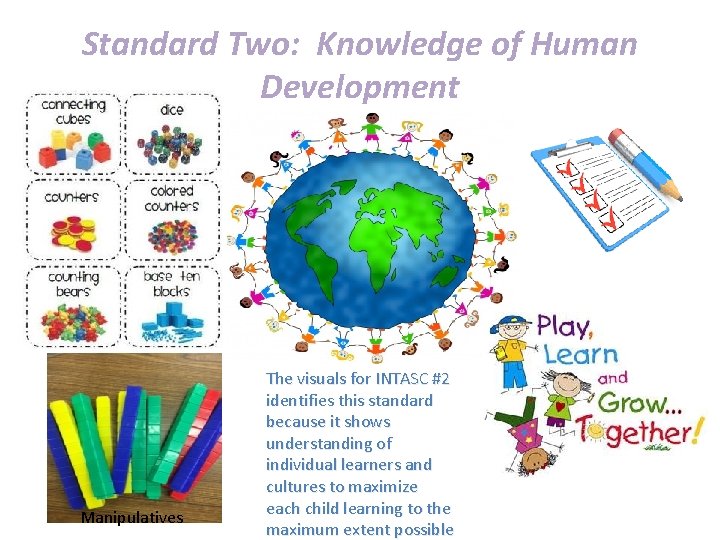 Standard Two: Knowledge of Human Development Manipulatives The visuals for INTASC #2 identifies this