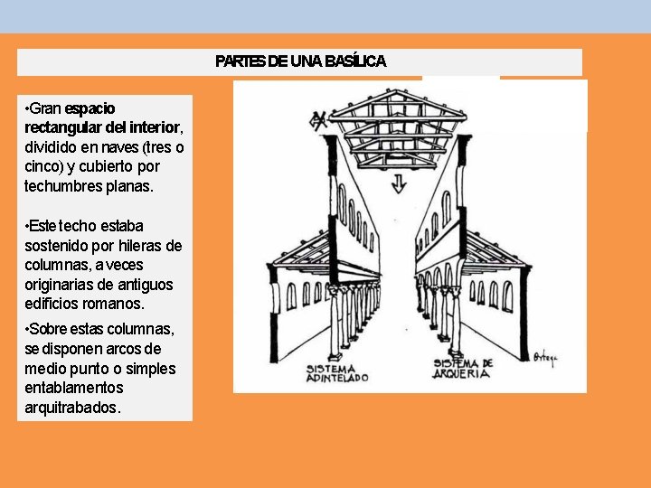 PARTES DE UNA BASÍLICA • Gran espacio rectangular del interior, dividido en naves (tres PARTES DE UNA BASÍLICA • Gran espacio rectangular del interior, dividido en naves (tres