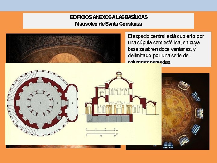EDIFICIOS ANEXOSA LASBASÍLICAS Mausoleo de Santa Constanza El espacio central está cubierto por una EDIFICIOS ANEXOSA LASBASÍLICAS Mausoleo de Santa Constanza El espacio central está cubierto por una