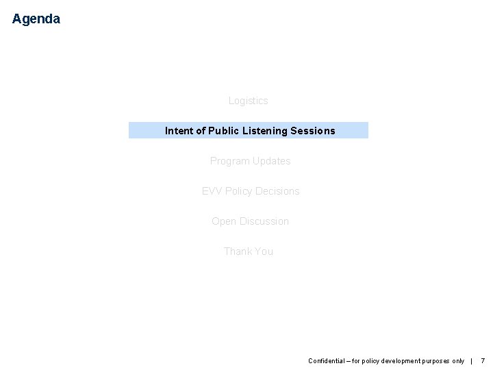 Agenda Logistics Intent of Public Listening Sessions Program Updates EVV Policy Decisions Open Discussion