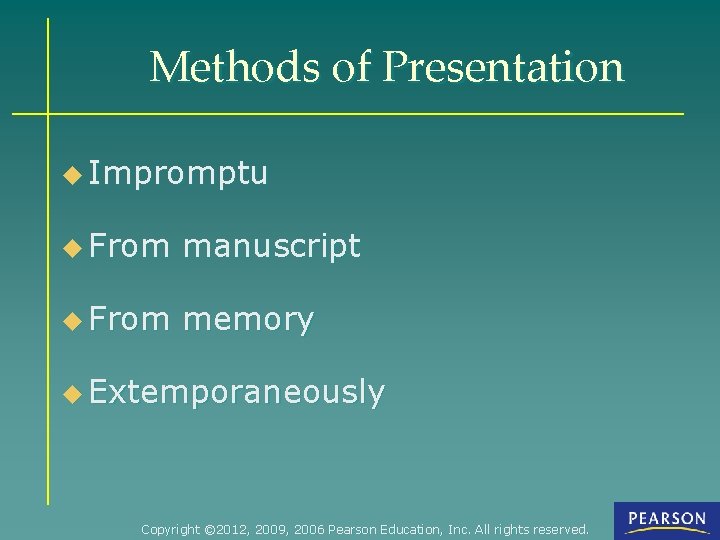 Methods of Presentation u Impromptu u From manuscript u From memory u Extemporaneously Copyright