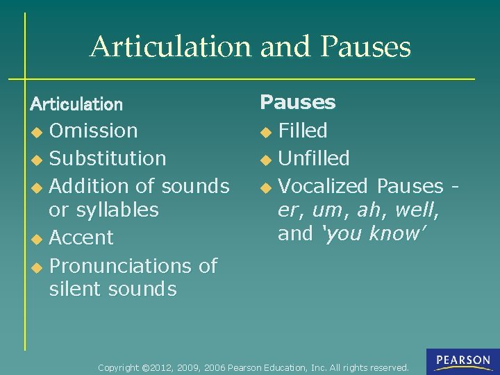 Articulation and Pauses Articulation u Omission u Substitution u Addition of sounds or syllables