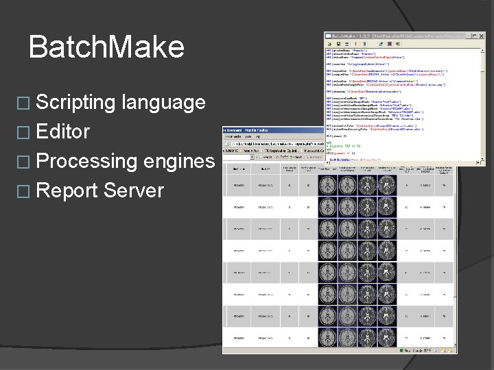 Batch. Make � Scripting language � Editor � Processing engines � Report Server 