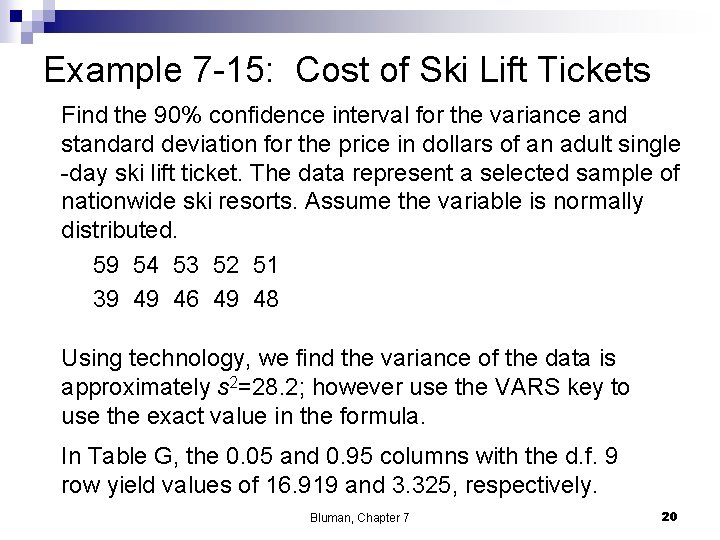 Example 7 -15: Cost of Ski Lift Tickets Find the 90% confidence interval for