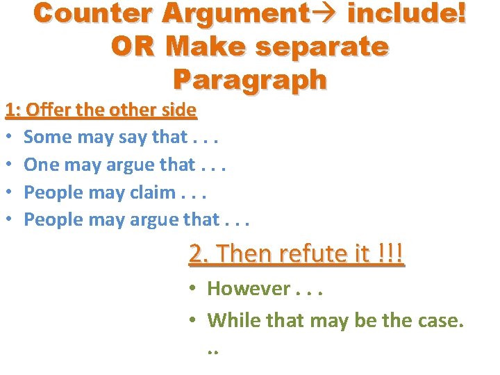 Counter Argument include! OR Make separate Paragraph 1: Offer the other side • Some