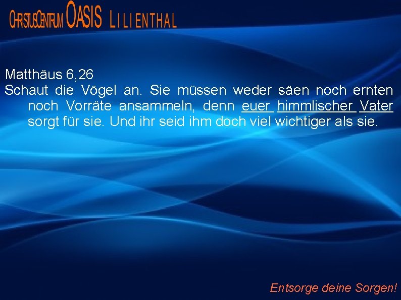 Matthäus 6, 26 Schaut die Vögel an. Sie müssen weder säen noch ernten noch