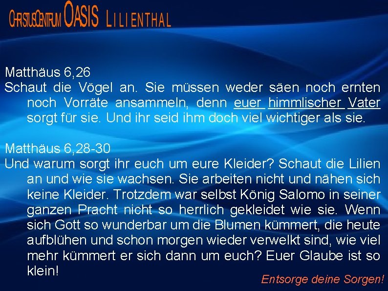 Matthäus 6, 26 Schaut die Vögel an. Sie müssen weder säen noch ernten noch