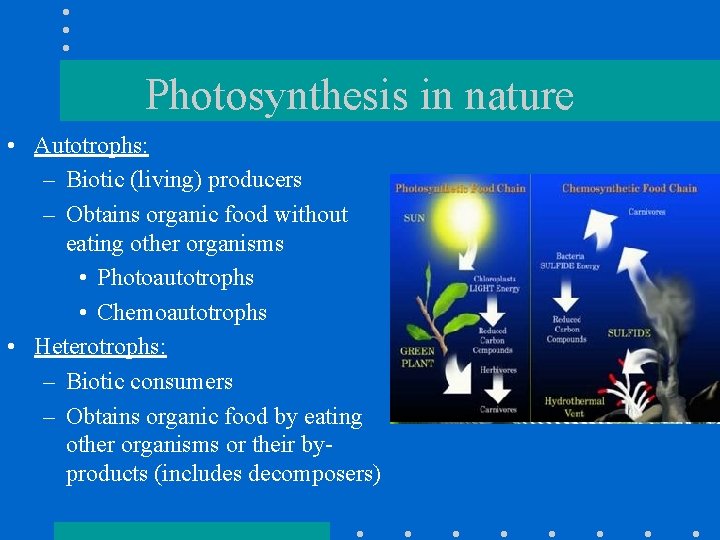Photosynthesis in nature • Autotrophs: – Biotic (living) producers – Obtains organic food without